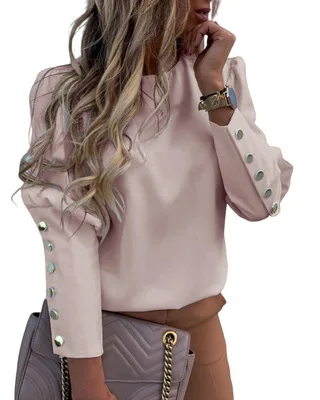 Блузка с пышными плечами, рубашки, офисные женские осенние блузки с металлическими пуговицами, женские блузки с круглым вырезом и длинным рукавом