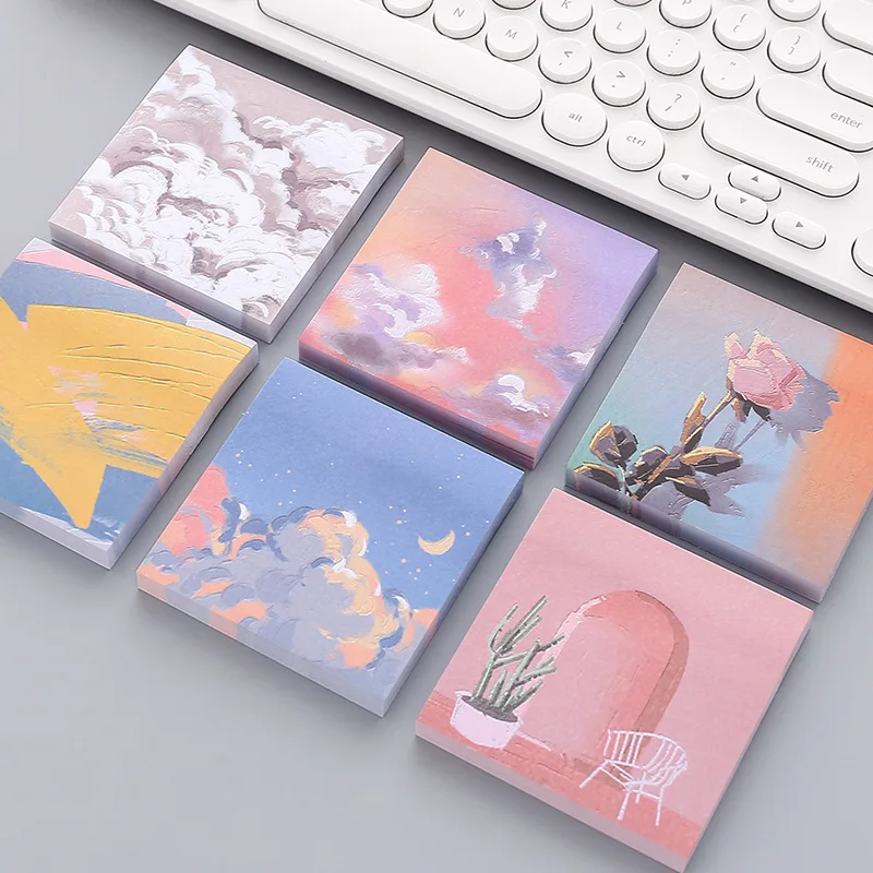 Girl Sticky Notes Oil Painting Color N Times Stickers Ins Beautiful Scenery Student Account Decoration Message Paper Memo Pads