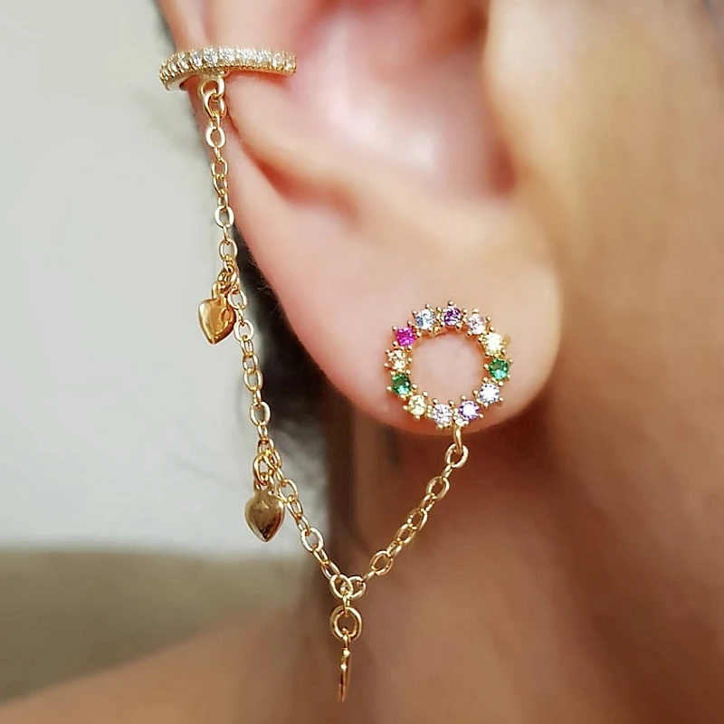 Радужные циркониевые круглые серьги медные, золотистого цвета с маленькими сердечками и кисточками, длинные серьги на цепочке, серьги Бохо, комплект женской моды