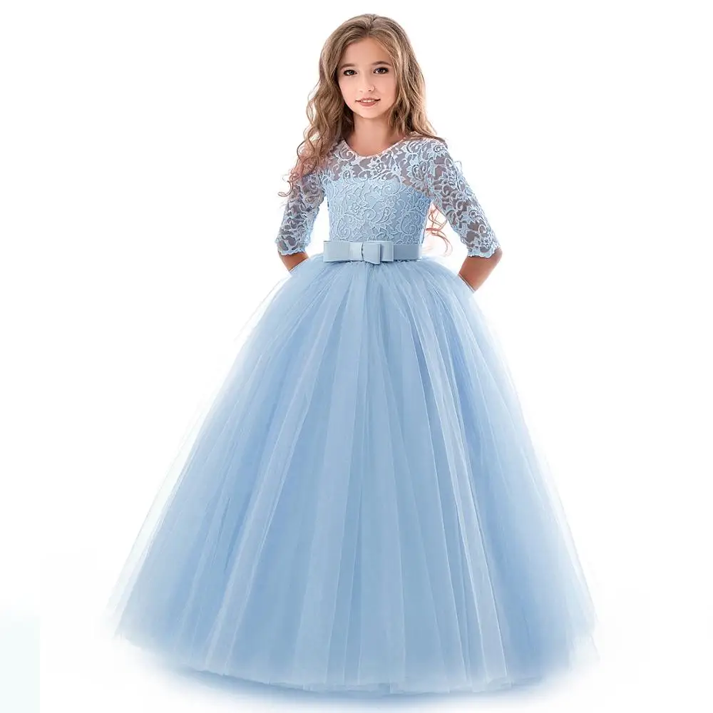 New Princess Lace Dress Kids Flower Embroidery Dress For Girls Vintage Children Dresses For Wedding Party Formal Ball Gown 14T