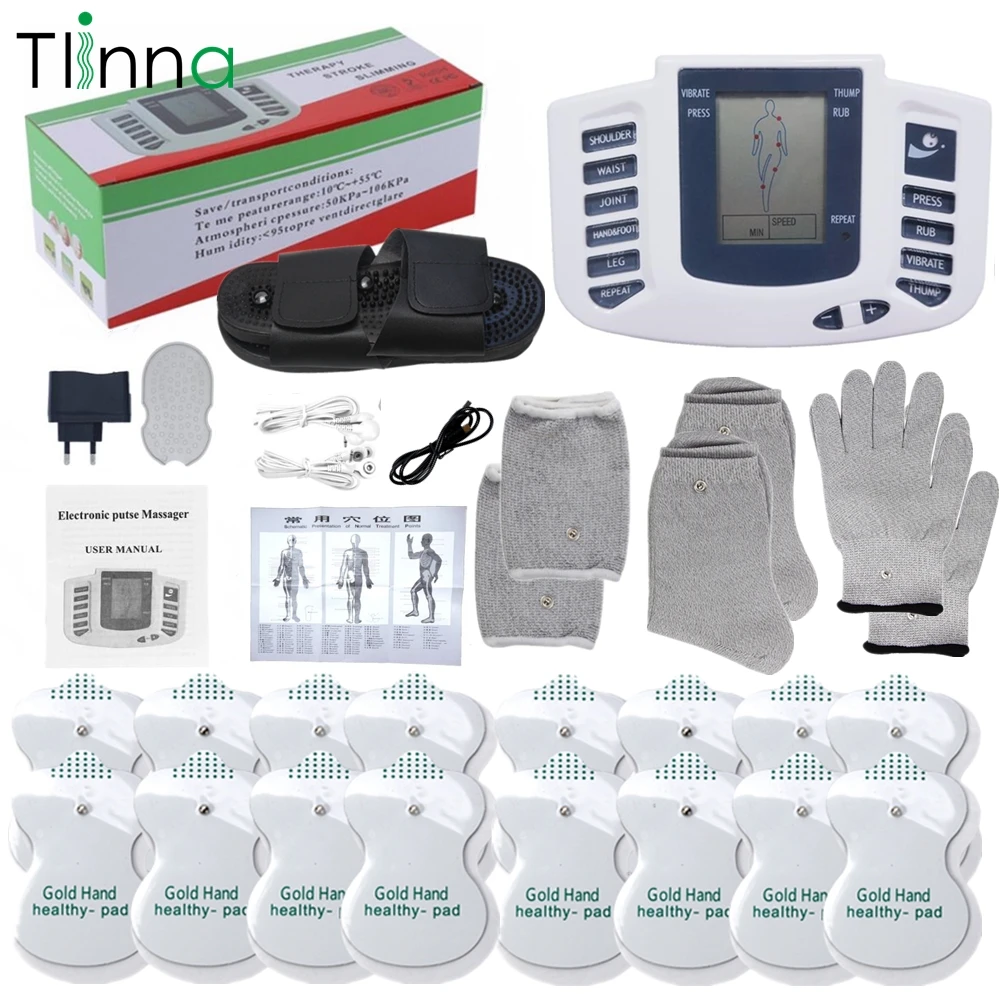 Digital EMS Tens Acupuncture Body Massage Therapy Electrical Muscle Stimulator Pulse Back Neck Massager with 16 Pads Slippers