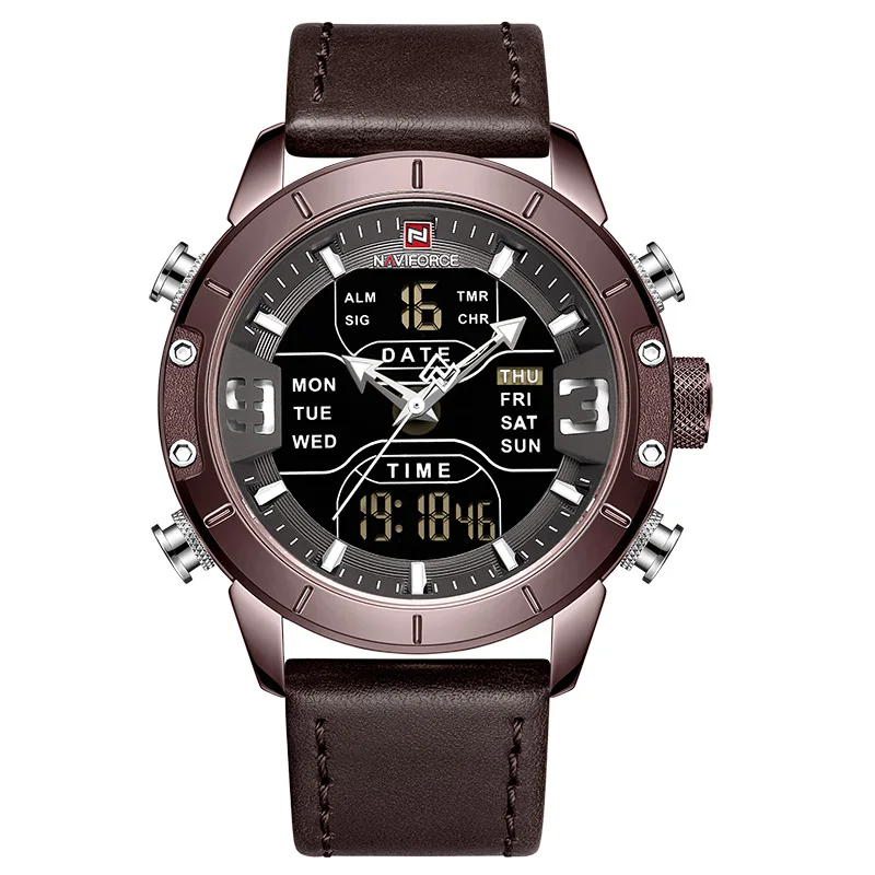 Для мужчин лидирующей марки Элитный бренд NAVIFORCE Для мужчин кожаные мужские кварцевые часы Аналоговые светодиодный цифровые часы Водонепроницаемый военные наручные часы - Цвет: L-Coffee