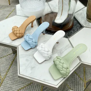 

GENSHUO Fashion hand-woven high-heeled sandalias simple vintage square toe outdoor slippers Zapaots Mujer Femme white blue green