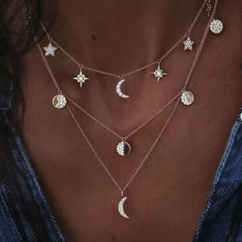 

Boho Star Moon Round Crystal CZ multilayer Chain Pendent Necklace For Women Retro Sparkling Choker Collar Rhinestone Necklace