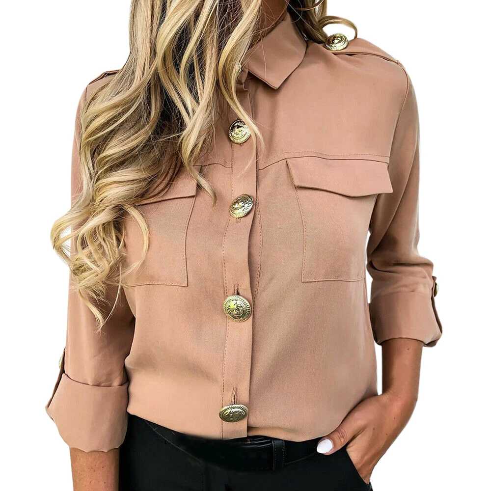 

New Women Khaki Casual Shirts Spring Autumn Button Basics Army Gals Ladies Fashion Lapel Daily Wild Style Long Sleeve Shirts