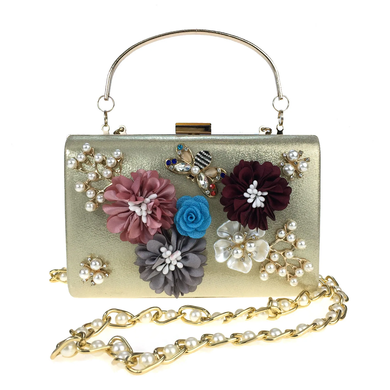 

Stereo Flower Evening Bag Small Square Box Pearl Diamond Set Clutch WOMEN'S Bag Evening Bag Carrying Banquet Bag New
