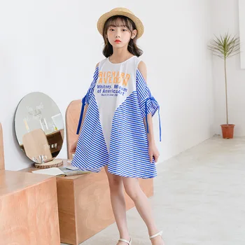 

YourSeason Girls Stripe Off-Shoulder Dress Summer Kids Girl Patchwork Letter Print Cotton Casual Dresses Clothes