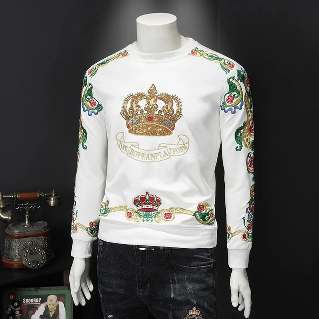 Luxury Gold Black Sudadera Hombre Baroque Embroidery Sequin Crown  Sweatshirts Men Club Outwear Sweat Homme Harajuku Sweatshirt