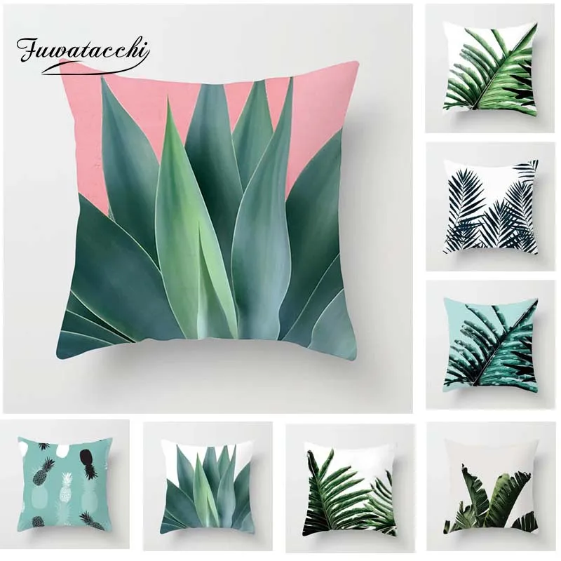 

Fuwatacchi leaves Cushion Cover Palm Leaves Pillow Cover for Sofa Car Home Bedroom Decoration Soft Square Linen White Pillowcase