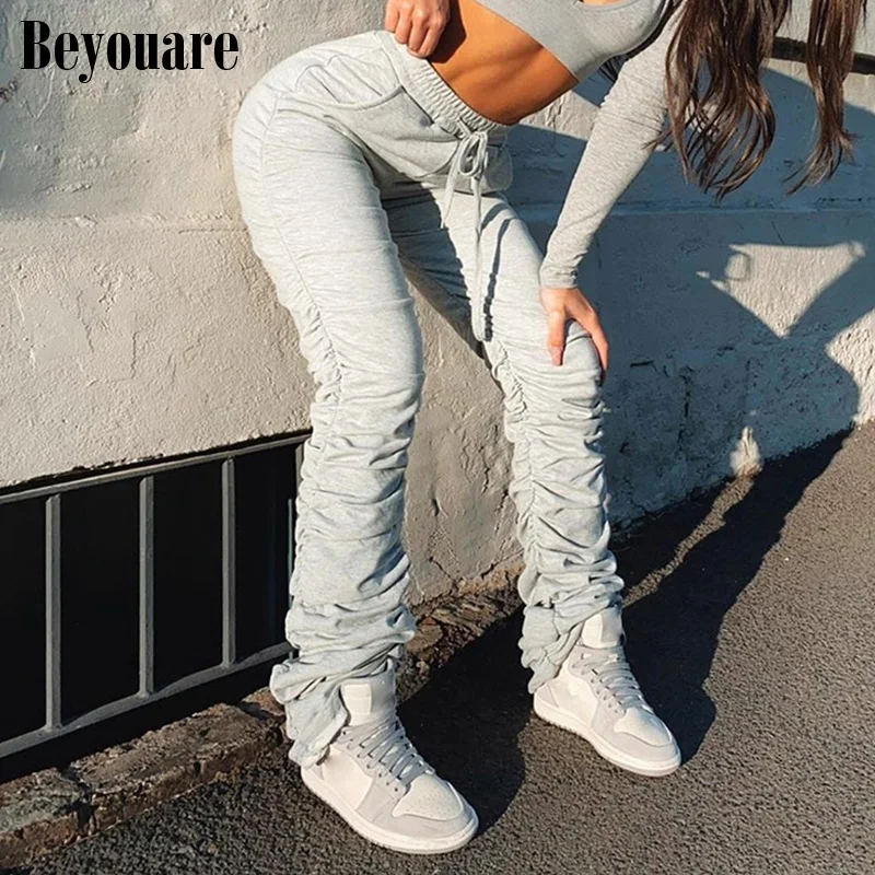 

Beyouare Drawstring Gray Casual Ruched Women Sweatpants Autumn Cotton Stretchy Trousers Capris 2020 Fashion Streetwear Pantalone