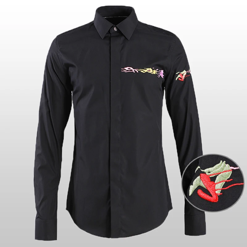 

Solid Color Luxury Embroidery Long Sleeve Slim Fit Mens Dress Plus Size 4xl Party Male Shirts