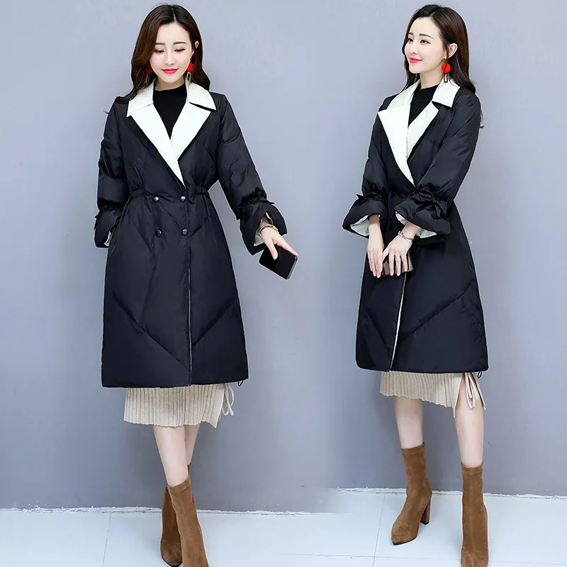 

2018 Winter New Style Korean-style Fold-down Collar Cotton Coat Women's Mid-length Cotton-padded Jacket Thick Fashion Black Cott