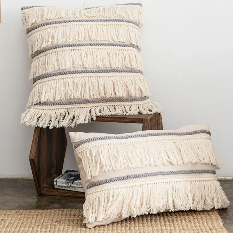 

Beige Cushion Cover Tassels Pillowcase Grey Cotton Embroidery Nordic Pillow Cover For Sofa Bed Chair Home Decorative Pillow Case