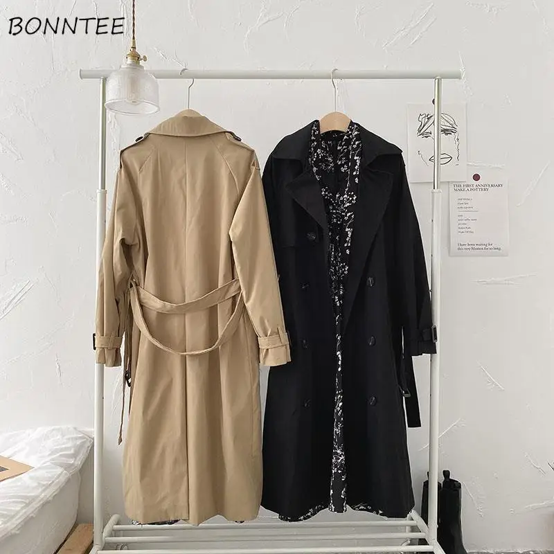 Gabardina de estilo largo para mujer, abrigo femenino holgado, con doble botonadura, estilo informal, elegante y corriente, abrigo Ulzzang Chic de otoño