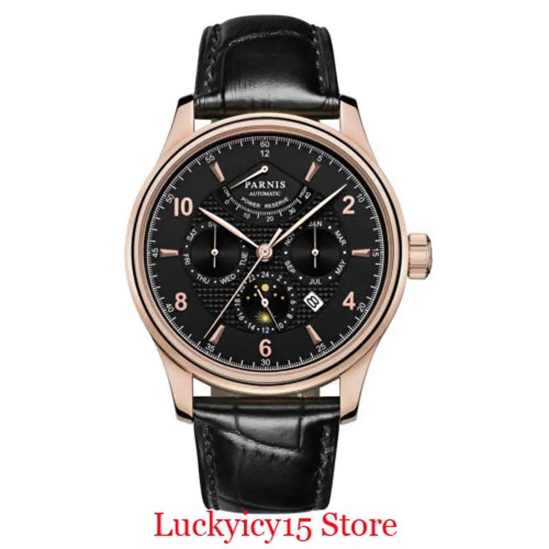 

PARNIS 42mm Self Winding Watch Men Rose Gold Wristwatch Power Reserve Date Function Sapphire Glass 42mm MIYOTA9100 Movement