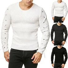 

Knitted Round Neck Men's Hole Sweater Casual Solid Pullover Metal Men's Sweaters Pullovers