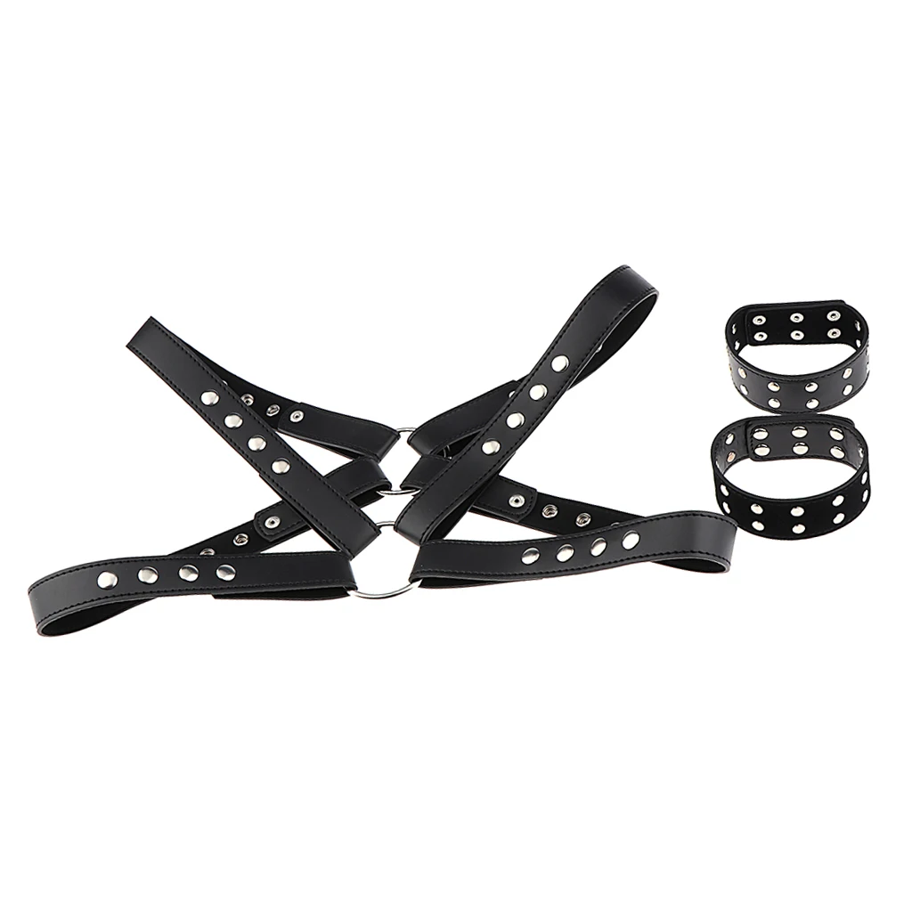 Black Body Chest Harness - Punk Goth Artificial Leather Belt with Buckles Rings for Men Women