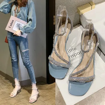

Summer New Sandals Fashion Dress Buckle Strap Solid Cover Heel Thin Heels Med 3cm-5cm Blingbling High Quality High Heels Party