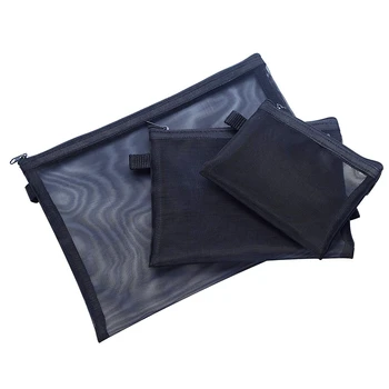 

Mesh Makeup Bag with Zipper Travel Cosmetics Organizer See Through Beauty Essentials Storage Bag Pack of 3 (S/M/L),Black