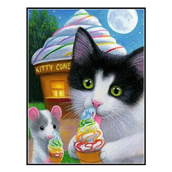 

5D DIY diamond painting full round diamond embroidery animal "cat mouse eat ice cream" cross stitch painting