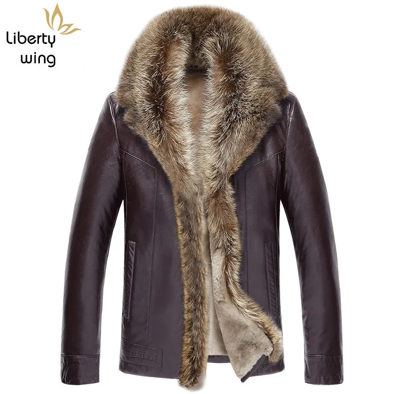 

Winter Men Thick Wool Lining Leather Jacket Warm Fur Collar Overcoat Business Man Plus Size 5XL Coat Slim Fit Moto Biker Jackets