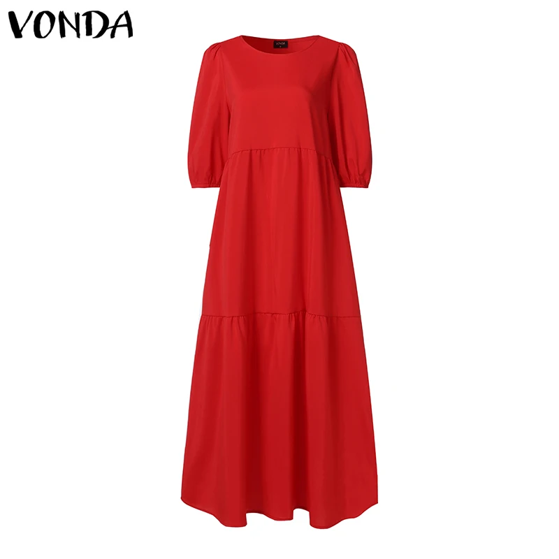 VONDA, женские одноцветные длинные платья с коротким рукавом и оборками, повседневное свободное праздничное платье Vestidos размера плюс, летний сарафан в богемном стиле