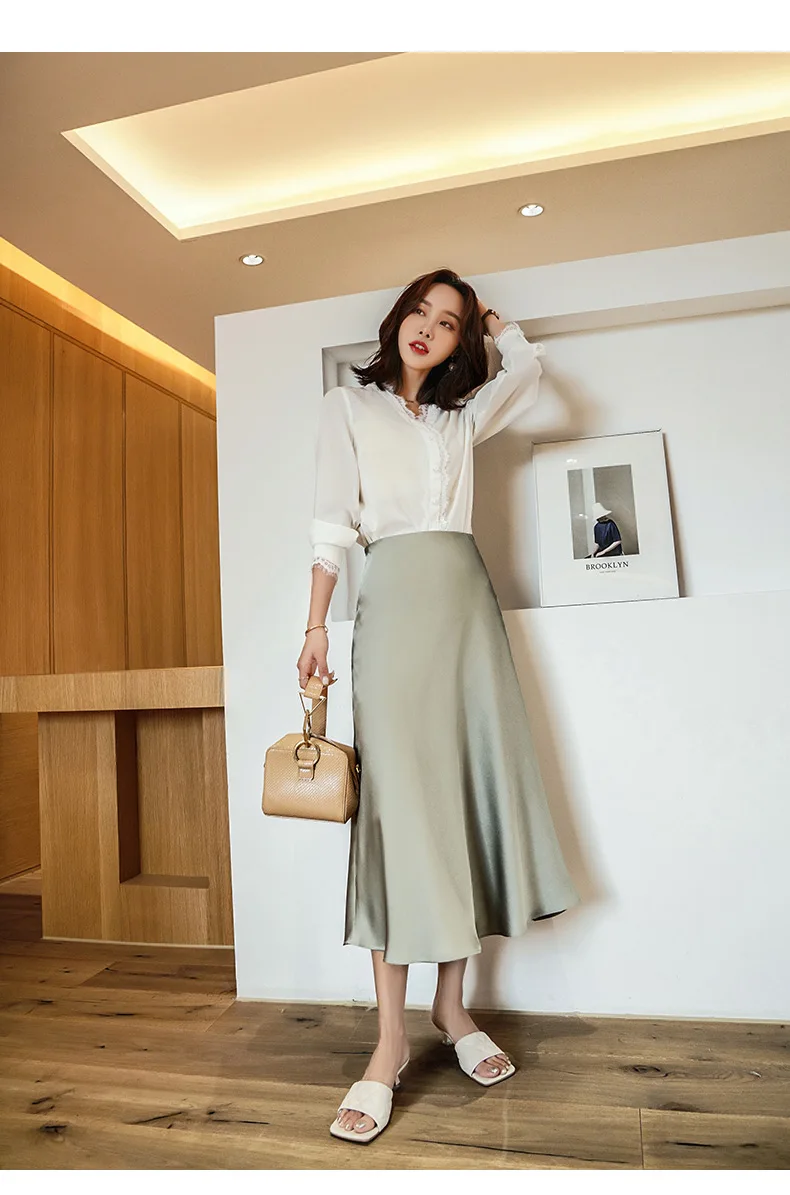 Summer Silk Midi Skirts Womens Korean England Style Satin Office Lady Simple Solid Elegant Faldas Mujer Moda Long Skirts Womens Summer Silk Midi Skirts Womens Korean England Style Satin Office Lady Simple Solid Elegant Faldas Mujer Moda Long Skirts Womens