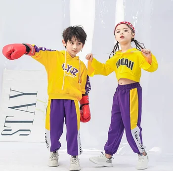 

110-170 Kids Concert Hip Hop Clothing Outfits Yellow Hoodies Crop Tops Pants for Girls Boys Dancing Costumes Ballroom Clothes