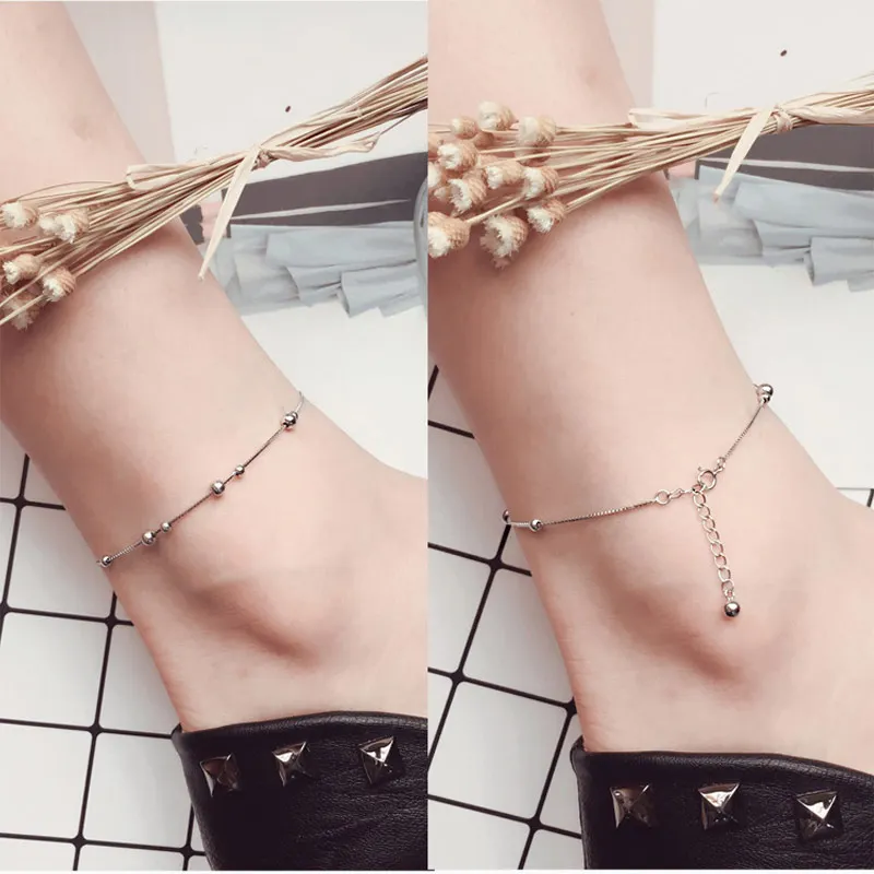 925 Sterling Silver Ankle Bracelet Simple Beads Chain Anklets for Women Girls Foot Jewelry Charm Adjustable Length Leg Chain