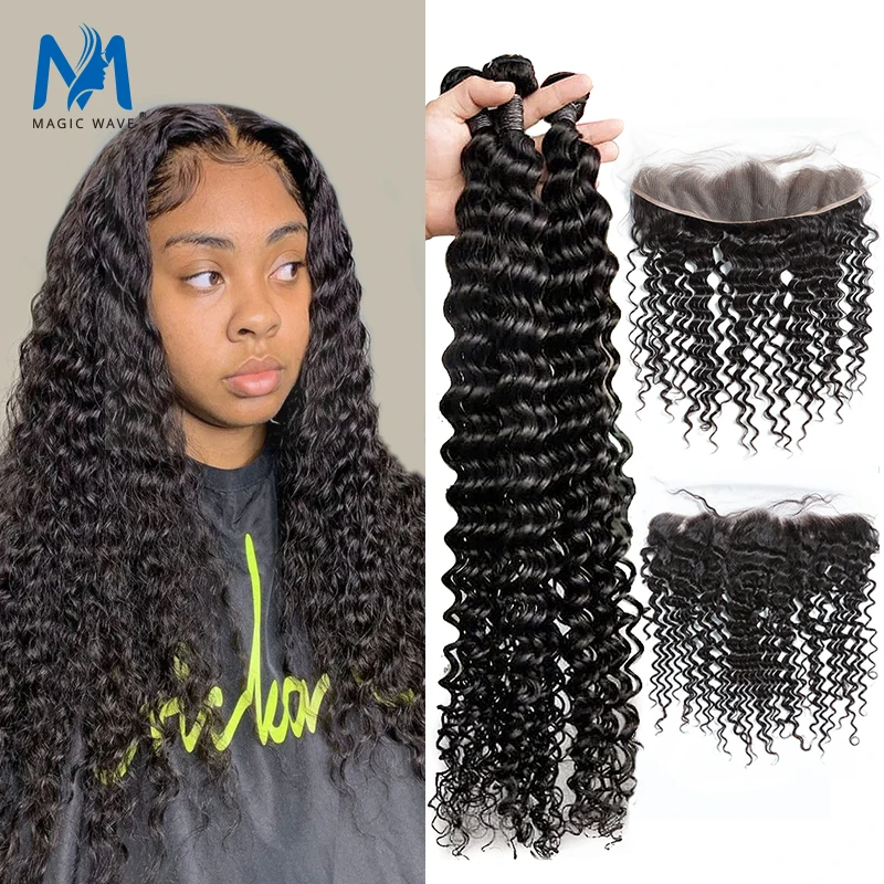 Mechones de rizos profundos con encaje Frontal, extensión de cabello humano brasileño, 30, 34 pulgadas, 3, 4 mechones, extensión Remy de onda profunda Frontal
