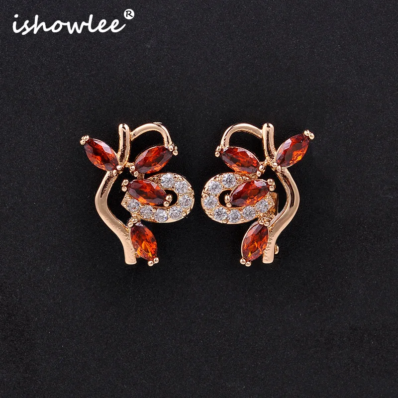 

ISHOWLEE 585 Rose Gold Flowers Red Zircon Copper Stud Women's Earrings Trendy Wedding Party Gift Mistress Earrings Jewelry esp81