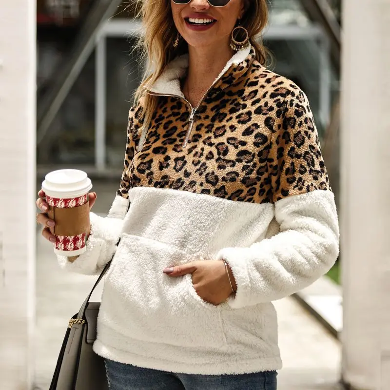 

Women Coat Autumn Stylish Personality All-match Color-blocked Leopard Printed Long Sleeve Zipper Winter Coat Soft Jacket Female