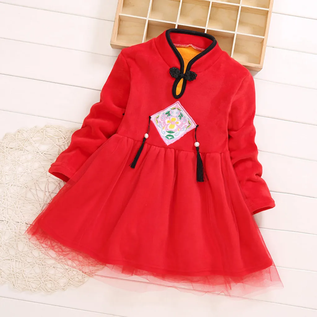 Китайский новогодний костюм для маленьких девочек Теплые платья в китайском стиле модное платье для маленьких девочек зимняя теплая одежда, юбка