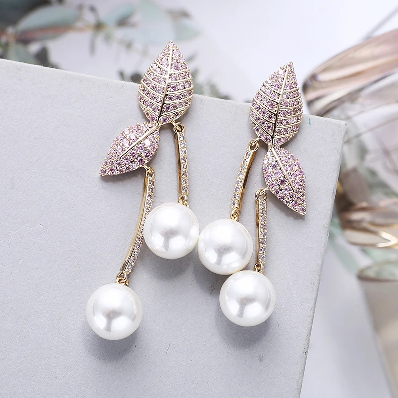 

Luxury Leaf with Pearl Drop Earrings Beautiful CZ Stone Paved Fashion Bride Jewelry Women Gifts XIUMEIYIZU 925 Post Earrings