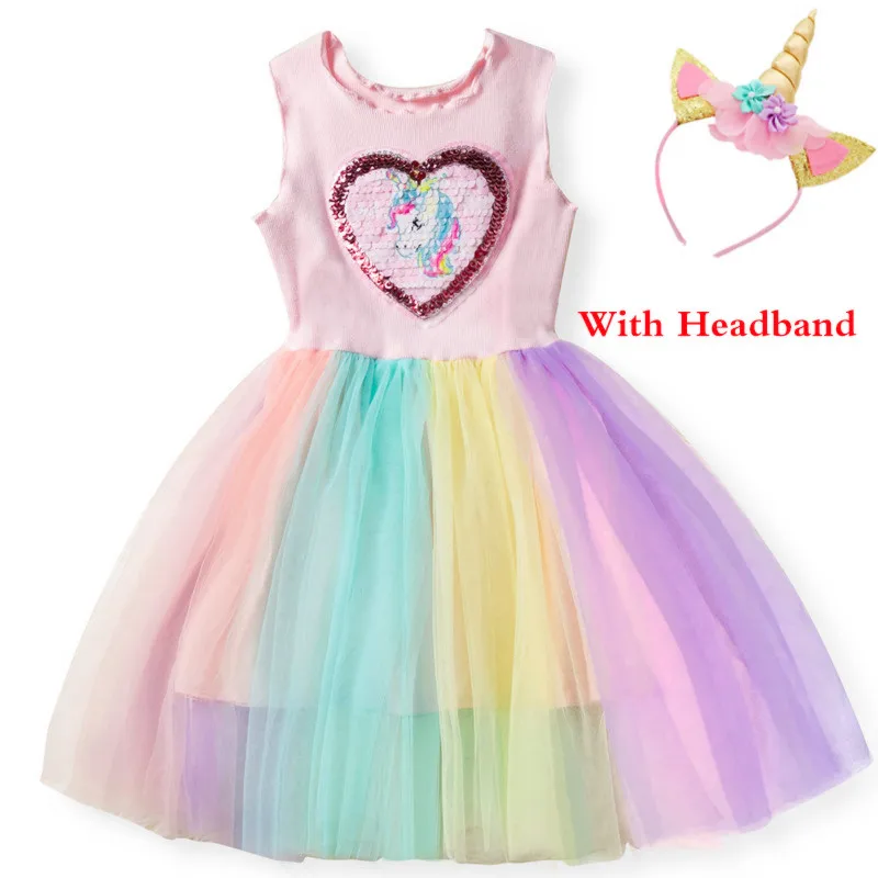 with headband Платье с единорогом для девочек возрастом от 3 до 8 лет, новогодняя праздничная одежда Детские разноцветные Бальные платья принцессы до колена без крыльев - Цвет: with headband