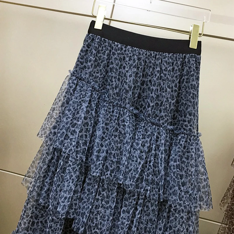 Сексуальные женские юбки с леопардовым принтом и кружевами, Harajuku, повседневные сетчатые газовые весенние и летние тонкие плиссированные юбки в стиле бохо