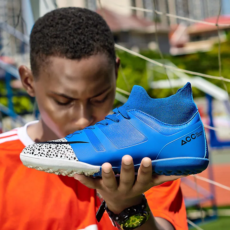 NIKEZI высокие носки до лодыжки школьная Студенческая Детская футбольная обувь для мальчиков и девочек с твердой подошвой короткий ноготь TF на плоской подошве футбольные кроссовки
