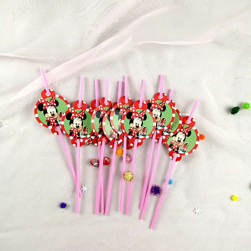 Straws 10pcs Минни Маус для девочек; Детский комплект для дня рождения; комплект для украшения; вечерние принадлежности с изображением Микки Мауса; тарелка с соломенной чашкой; вилка для дня рождения - Цвет: Straws 10pcs