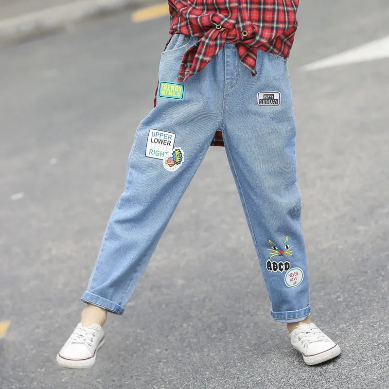 Джинсы для девочек; сезон осень; Новинка года; повседневные брюки в Корейском стиле; модные брюки с принтом кота