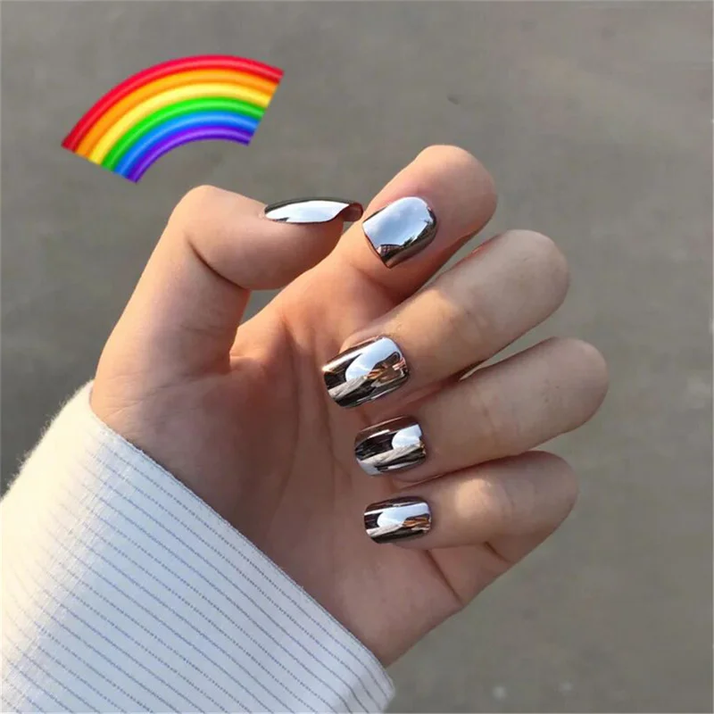 

Nusx 24pcs Black Silver Press on Nails Art Tips Acrylic Fingernail Tips Full Cover Nails with Glue Girls Fake Nails for Ladies