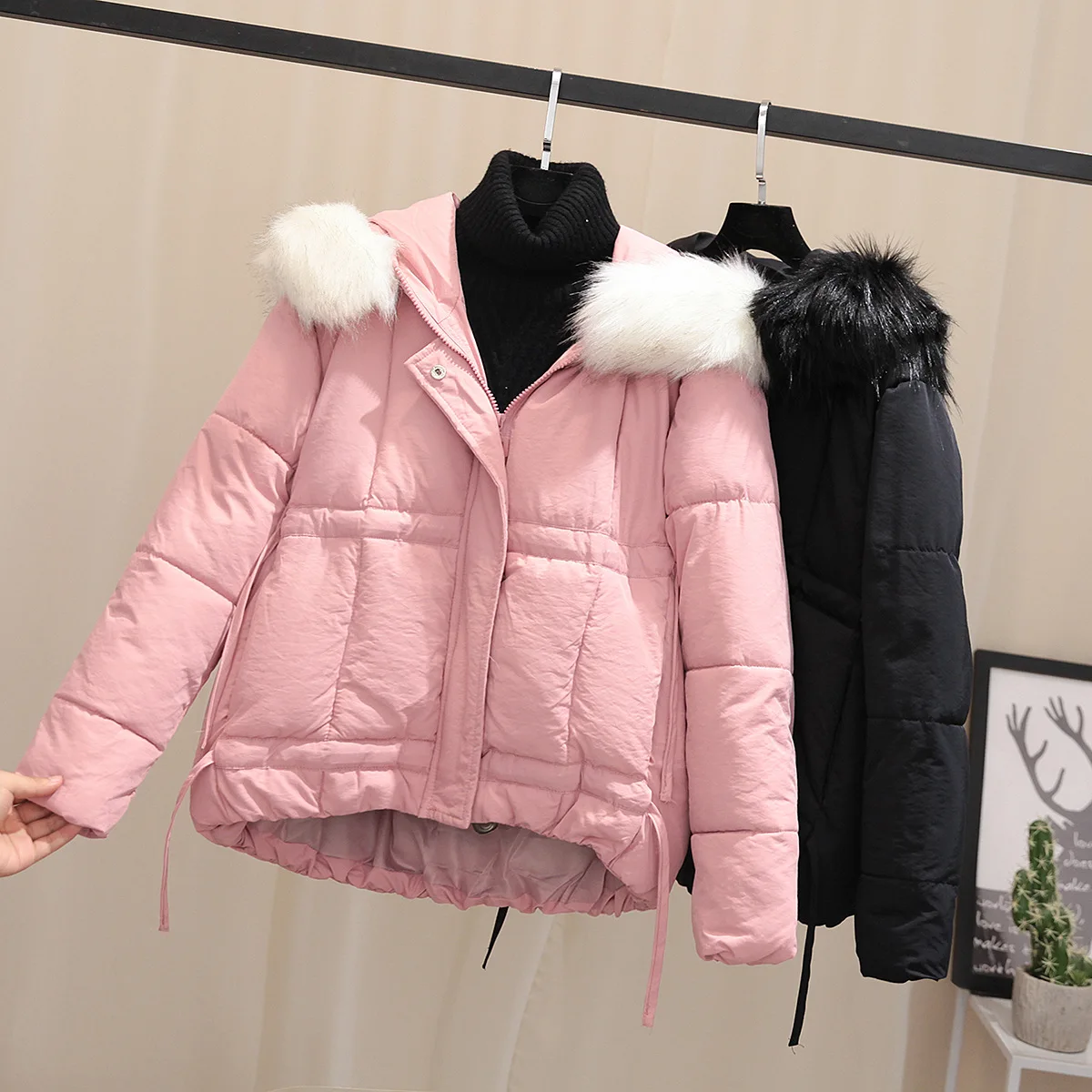 

2019 Winter New Style Korean-style Large Fur Collar Hooded Short Cotton-padded Clothes Women's Loose-Fit Cotton Coat Three-Color