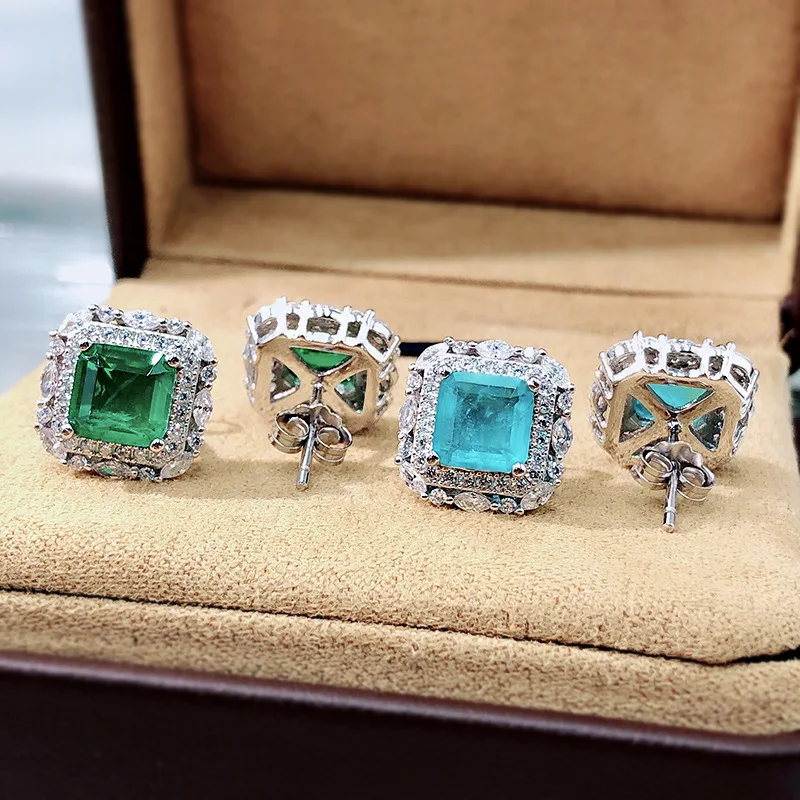 OEVAS Vintage 100% 925 Sterling Silver 7*7mm Paraiba Tourmaline Gemstone Ear Studs Earrings Ladies Fine Jewelry Wholesale