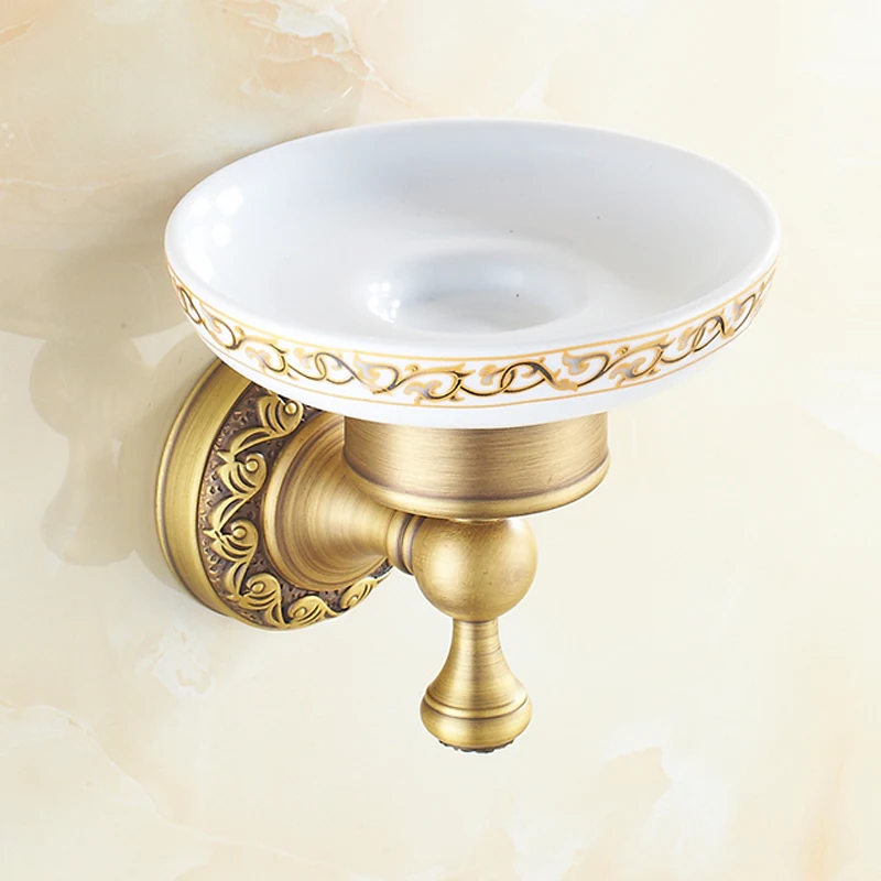 Antique Brass Carved Bathroom Accessories Set Towel Shelf Towel Holder Toilet Paper Holder Rock Hook Bath Hardware Sets - Цвет: Soap Dish Holder(1)