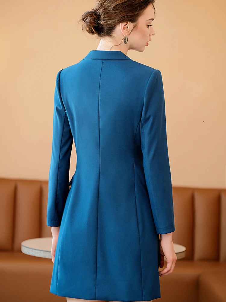 Peacock Blue Dress Suit Women OL Style Business Formal Work Wear Office Ladies Clothing Double Breasted Slim Long Sleeve Dresses