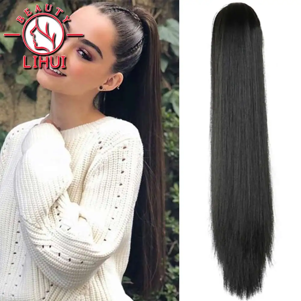 Clip in Ponytail Hair Extension Wig Straight Long Synthetic Wrap Around Fake Pony Tail Blonde False Afro Hairpiece 22"