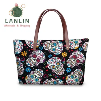 

LALIN Sugar Skull Print Women Leather Shoulder Bags Travel Capacity Handbags Floral Pattern Ladies Top-Handle Hand Bag Girls