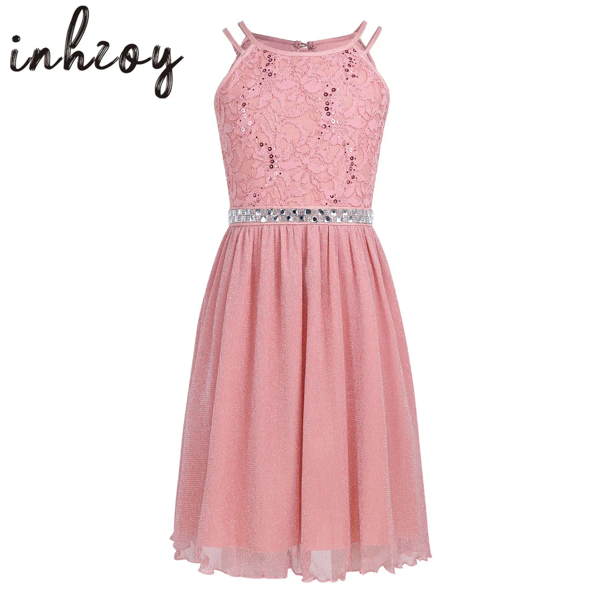 

Kids Girls Sleeveless Sequined Floral Lace Shiny Princess Tulle Dress for Birthday Party Summer Prom Clothes