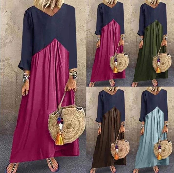 

Europe And America Hot Selling Joint Contrast Color Irregular Long-sleeved Dress