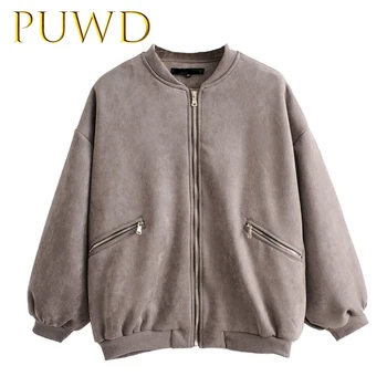 

PUWD 2019 Autumn women's suede effect pilot jacket grey loose fashion