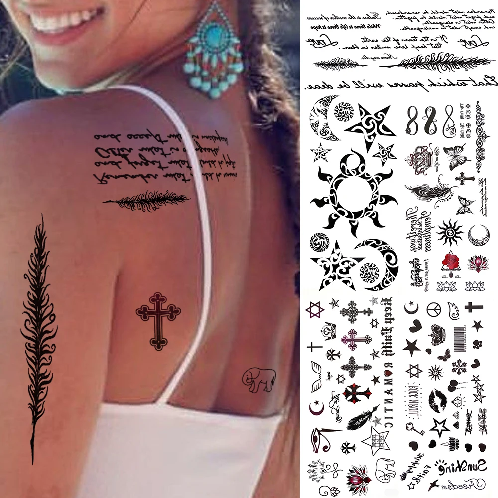 Cute Small Black Letter Temporary Tattoos For Women Men Kids Tribal Kit Stars Moon Fake Tattoo Stickers Crown Cross Tatoos Totem Temporary Tattoos Aliexpress